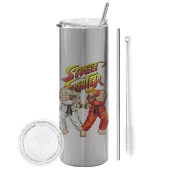 Street fighter, Tumbler ποτήρι θερμό Ασημένιο από ανοξείδωτο ατσάλι 600ml, με μεταλλικό καλαμάκι & βούρτσα καθαρισμού