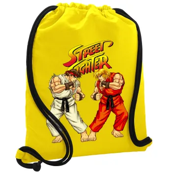 Street fighter, Τσάντα πλάτης πουγκί GYMBAG Κίτρινη, με τσέπη (40x48cm) & χονδρά κορδόνια