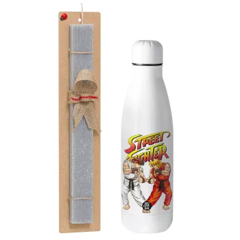Street fighter, Easter Set, metallic stainless thermos bottle (500ml) & scented flat Easter candle (30cm) (GRAY)