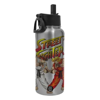 Street fighter, Metal mug thermo Silver with Straw and Spout Lid (Stainless steel), double wall, 950ml