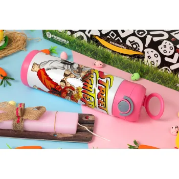 Street fighter, Easter candle, Childrens hot water bottle, stainless steel, with safety straw, PINK (500ml)