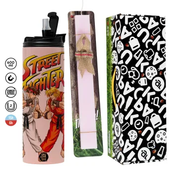 Street fighter, Easter candle,Travel Tumbler 2 Lids, with metal straw & cleaning brush & aromatic flat candle (30cm) (PINK)