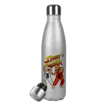 Street fighter, Μεταλλικό παγούρι θερμός Glitter Aσημένιο (Stainless steel), διπλού τοιχώματος, 500ml