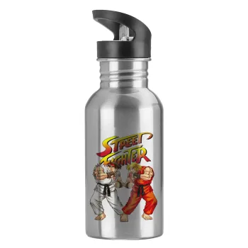 Street fighter, Water bottle Silver with straw, stainless steel 600ml