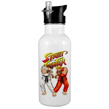 Street fighter, White water bottle with straw, stainless steel 600ml