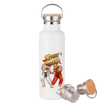 Street fighter, Μεταλλικό παγούρι θερμός (Stainless steel) Λευκό με ξύλινο καπάκι (bamboo), διπλού τοιχώματος, 750ml