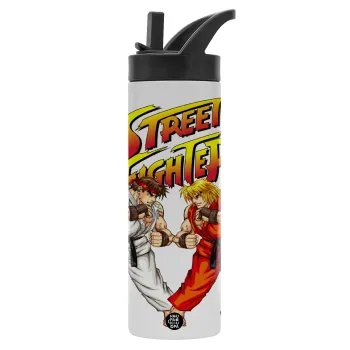 Street fighter, Μεταλλικό παγούρι θερμός με καλαμάκι & χειρολαβή, ανοξείδωτο ατσάλι (Stainless steel 304), διπλού τοιχώματος, 600ml