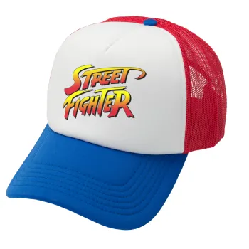Street fighter, Adult Soft Trucker Hat with Red/Blue/White Mesh (POLYESTER, ADULT, UNISEX, ONE SIZE)
