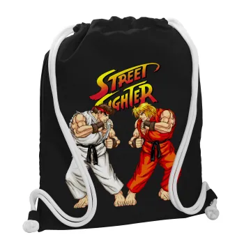 Street fighter, Τσάντα πλάτης πουγκί GYMBAG Μαύρη, με τσέπη (40x48cm) & χονδρά λευκά κορδόνια