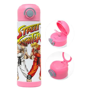 Street fighter, Παιδικό παγούρι θερμό, ανοξείδωτο, με καλαμάκι ασφαλείας, ΡΟΖ (500ml)
