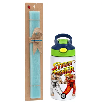 Street fighter, Easter Set, Children's thermal stainless steel bottle with safety straw, green/blue (350ml) & aromatic flat Easter candle (30cm) (TURQUOISE)