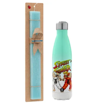 Street fighter, Easter Set, Metallic green/white thermos (Stainless steel), double-walled, 500ml & scented flat Easter candle (30cm) (TURQUOISE)
