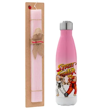 Street fighter, Πασχαλινή Λαμπάδα με Μεταλλικό παγούρι θερμός Ροζ/Λευκό (Stainless steel), διπλού τοιχώματος, 500ml & κερί αρωματικό πλακέ (30cm) (ΡΟΖ)