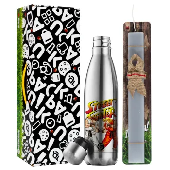 Street fighter, Πασχαλινή Λαμπάδα με μεταλλικό παγούρι θερμός ανοξείδωτο (500ml) & κερί αρωματικό πλακέ (30cm) (ΓΚΡΙ)