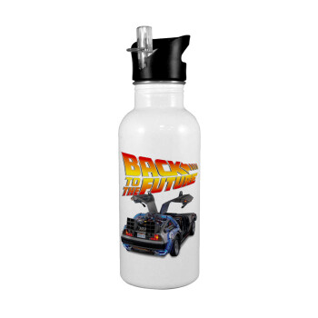 Back to the future, White water bottle with straw, stainless steel 600ml