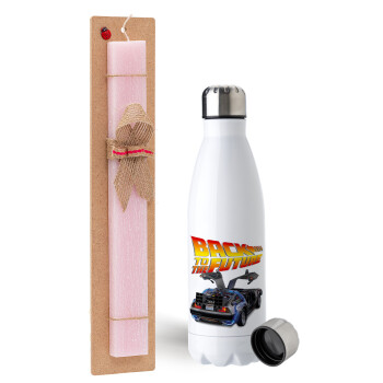 Back to the future, Easter Set, metallic stainless steel water bottle (750ml) & scented flat Easter candle (30cm) (PINK)