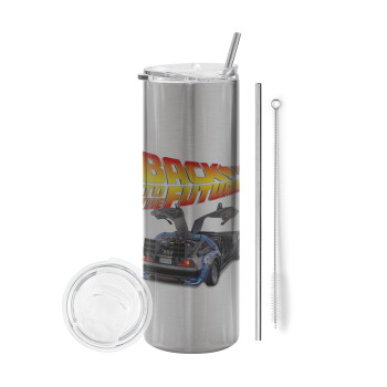 Back to the future, Tumbler stainless steel Silver 600ml, with metal straw & cleaning brush
