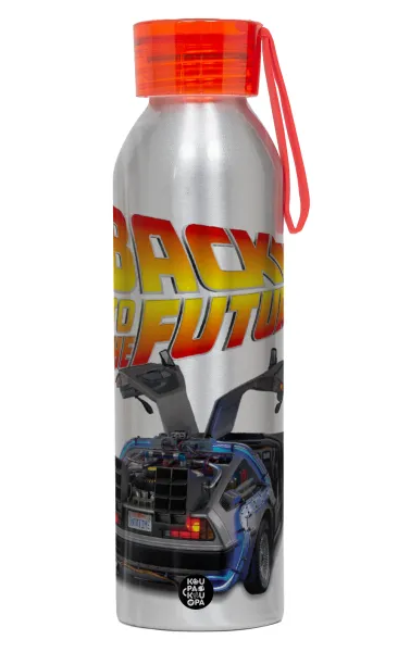 Back to the future — Αλουμινένιο Αθλητικό Μπουκάλι 650ml – Ασημί με Κόκκινο Καπάκι και Λουράκι Σιλικόνης