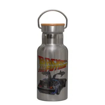Back to the future, Stainless steel metallic thermos flask, silver with a bamboo lid, double-walled, 350ml.