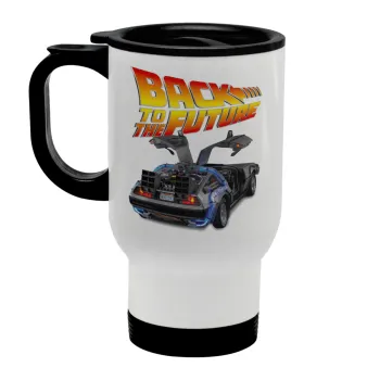 Back to the future, Stainless steel travel mug with lid, double wall white 450ml