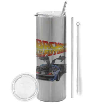 Back to the future, Tumbler stainless steel Silver 600ml, with metal straw & cleaning brush