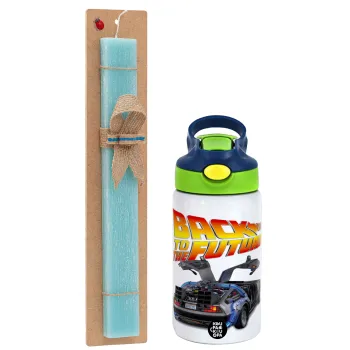 Back to the future, Easter Set, Children's thermal stainless steel bottle with safety straw, green/blue (350ml) & aromatic flat Easter candle (30cm) (TURQUOISE)