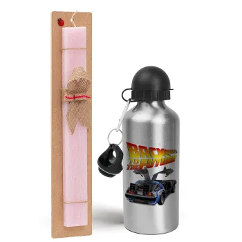 Back to the future, Easter Set, metallic Silver aluminum water bottle (500ml) & scented flat Easter candle (30cm) (PINK)