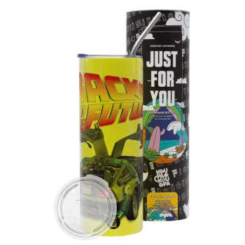 Back to the future, Neon Yellow Travel Tumbler θερμό, μεταλλικό καλαμάκι(Ανωξείδωτο 304 Food grade, BPA free, 600ml)