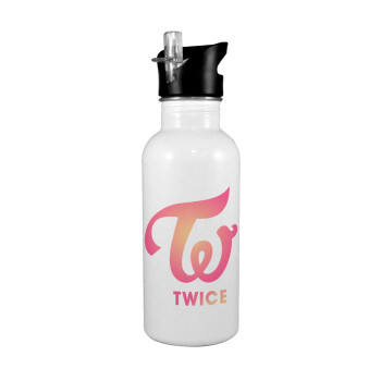 Twice, White water bottle with straw, stainless steel 600ml