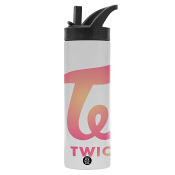 Twice, Metallic thermos bottle with straw & handle, stainless steel (Stainless steel 304), double-walled, 600ml.