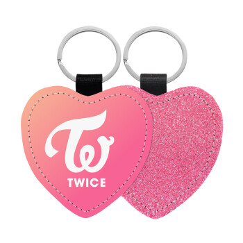 Twice, Μπρελόκ PU δερμάτινο glitter καρδιά ΡΟΖ