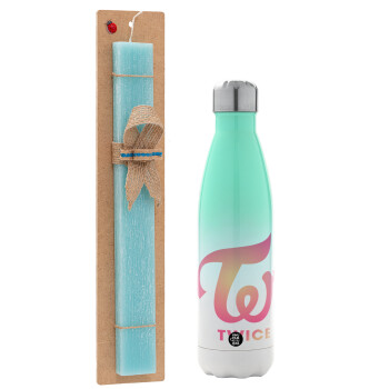 Twice, Easter Set, Metallic green/white thermos (Stainless steel), double-walled, 500ml & scented flat Easter candle (30cm) (TURQUOISE)