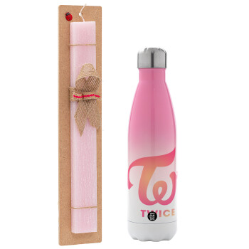 Twice, Easter Set, Metallic pink/white (Stainless steel) thermos, double-walled, 500ml & aromatic flat Easter candle (30cm) (PINK)