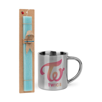 Twice, Easter Set, metallic thermal cup (300ml) & aromatic flat Easter candle (30cm) (TURQUOISE)
