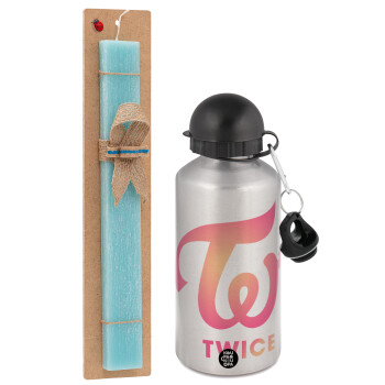 Twice, Easter Set, metallic silver aluminum water bottle (500ml) & scented flat Easter candle (30cm) (TURQUOISE)
