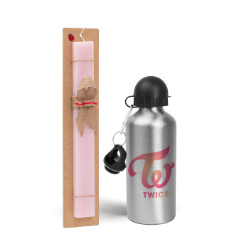 Twice, Easter Set, metallic Silver aluminum water bottle (500ml) & scented flat Easter candle (30cm) (PINK)