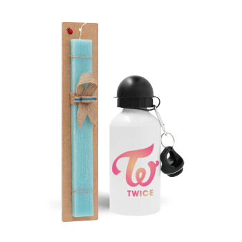 Twice, Easter Set, metallic aluminum water bottle (500ml) & scented flat candle (30cm) (TURQUOISE)