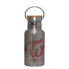 Stainless steel metallic thermos flask, silver with a bamboo lid, double-walled, 350ml.