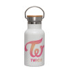 Metallic thermos (Stainless steel) White with wooden lid (bamboo), double-walled, 350ml