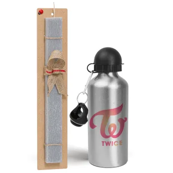 Twice, Easter Set, metallic silver aluminum water bottle (500ml) & aromatic flat Easter candle (30cm) (GRAY)