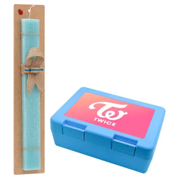 Twice, Πασχαλινή Λαμπάδα με παιδικό δοχείο κολατσιού ΓΑΛΑΖΙΟ & κερί αρωματικό πλακέ (30cm) (ΤΙΡΚΟΥΑΖ)