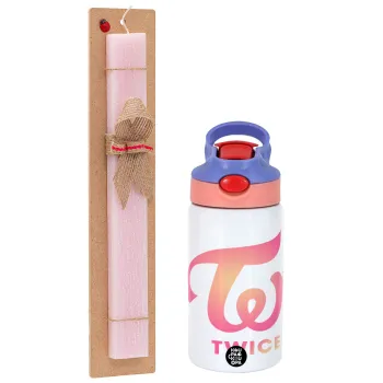 Twice, Easter Set, Children's thermal stainless steel water bottle with safety straw, pink/purple (350ml) & Easter scented flat candle (30cm) (PINK)