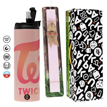 Twice, Easter candle,Travel Tumbler 2 Lids, with metal straw & cleaning brush & aromatic flat candle (30cm) (PINK)