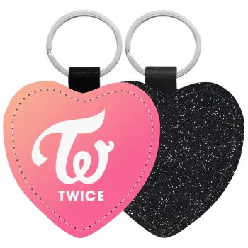 Twice, Μπρελόκ PU δερμάτινο glitter καρδιά ΜΑΥΡΟ
