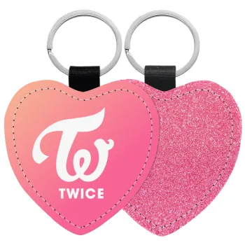 Twice, Μπρελόκ PU δερμάτινο glitter καρδιά ΡΟΖ