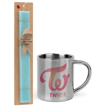 Twice, Easter Set, metallic thermal cup (300ml) & aromatic flat Easter candle (30cm) (TURQUOISE)