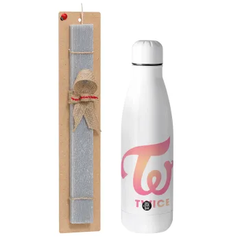 Twice, Easter Set, metallic stainless thermos bottle (500ml) & scented flat Easter candle (30cm) (GRAY)
