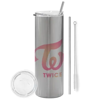Twice, Tumbler ποτήρι θερμό Ασημένιο από ανοξείδωτο ατσάλι 600ml, με μεταλλικό καλαμάκι & βούρτσα καθαρισμού