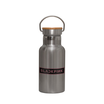 BLACKPINK, Μεταλλικό παγούρι θερμός (Stainless steel) Ασημένιο με ξύλινο καπακι (bamboo), διπλού τοιχώματος, 350ml