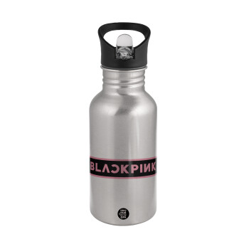 BLACKPINK, Water bottle Silver with straw, stainless steel 500ml